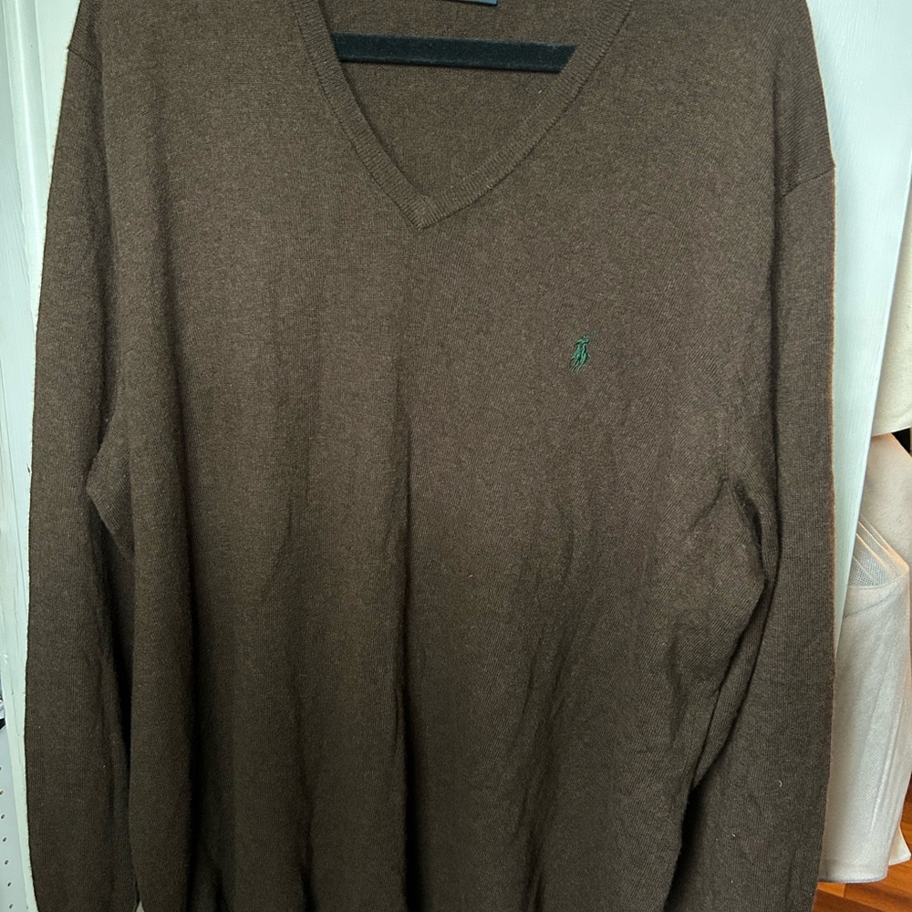 Ralph Lauren Brown V-Neck Sweater with Ribbed Cuffs